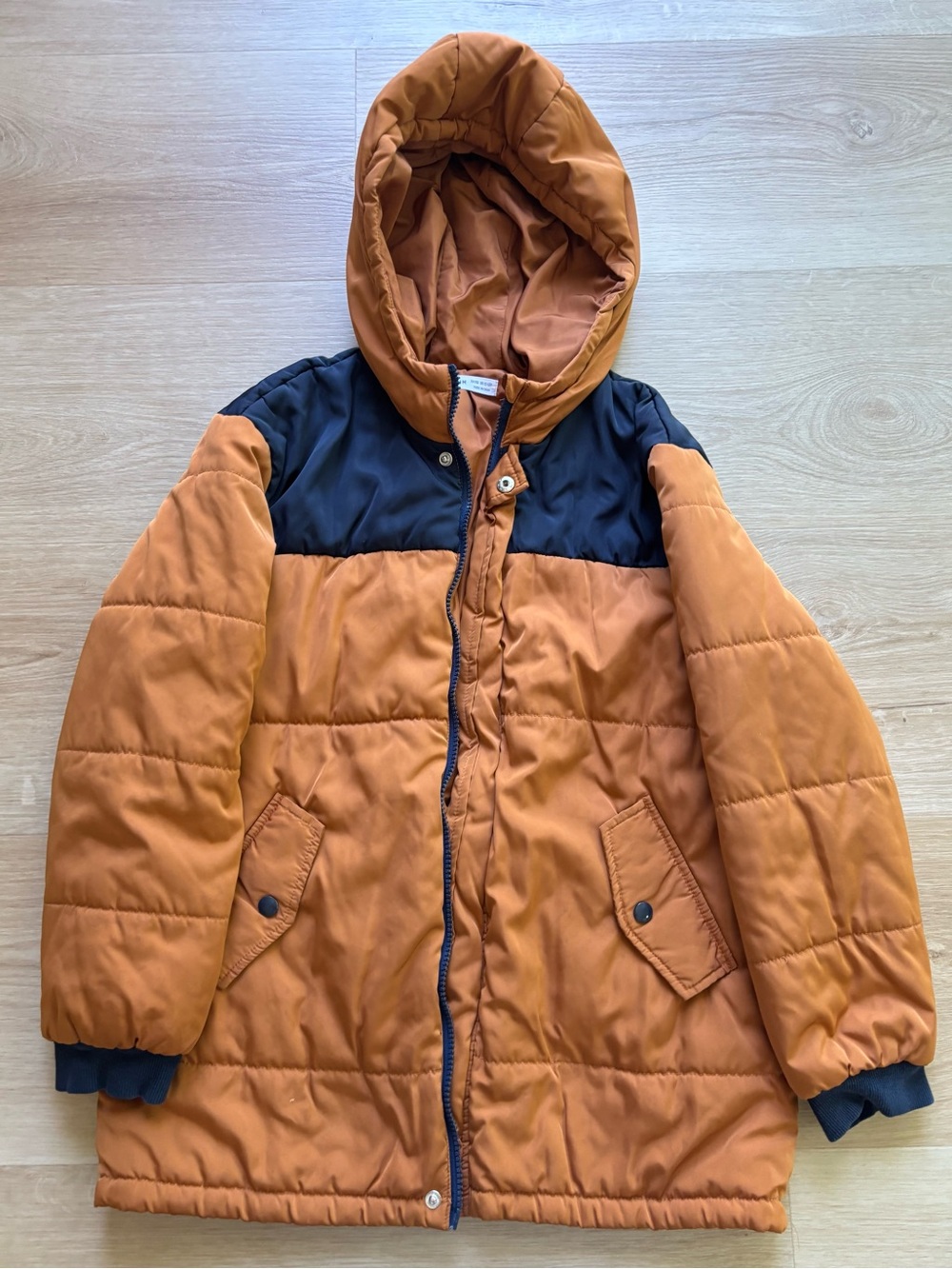 SHEIN Kids Orange and Navy Blue Hooded Puffer Jacket.  Size 11-12.